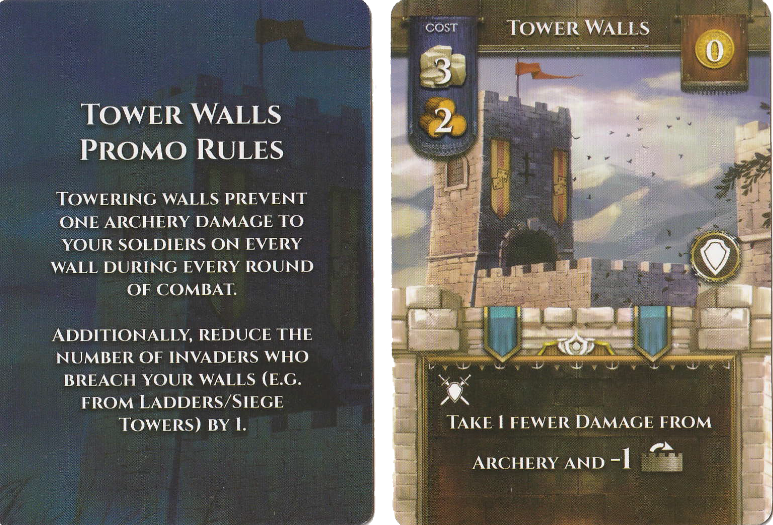 Two cards for use with the board game After the Empire. One card has text the describes the promo card's use in the game. The second card has the card's title at the top, an illustration of a castle tower and wall in the middle, and text describing the card's ability in the game at the bottom.