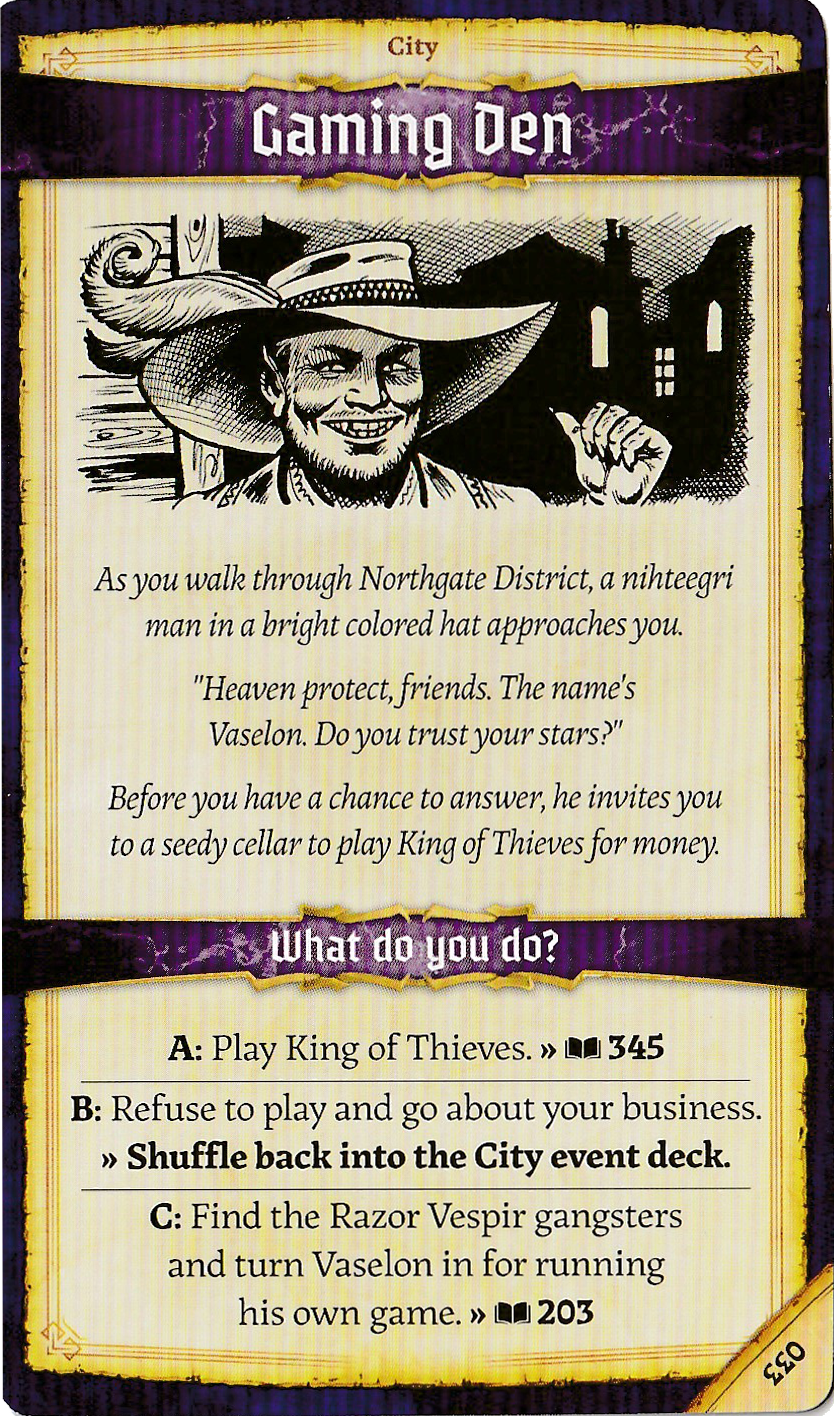 A single promo card for use with the board game Agemonia, displaying a single-color illustration of a man in a feathering hat at the top, narrative text in the middle, and instruction text at the bottom.