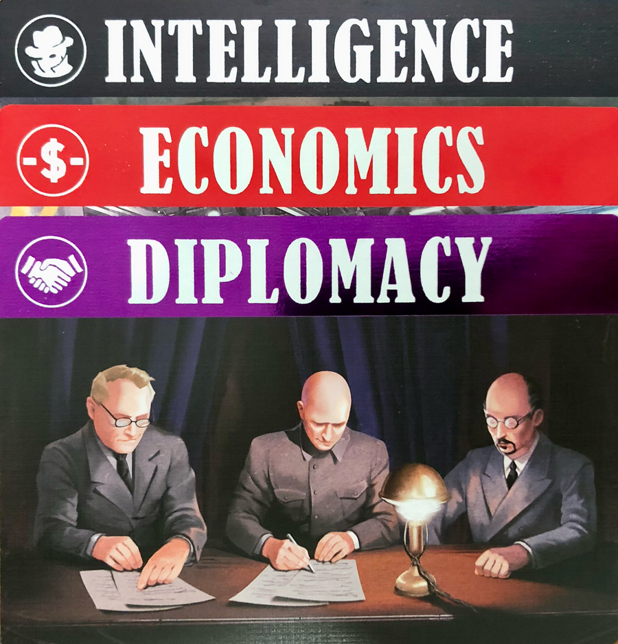 A trio of cards for use with the board game Air, Land, & Sea: Spies, Lies, & Supplies. The top card is fully visible and shows the word "Diplomacy" written on a purple banner at the top and an illustration of three men writing at the table below. The titles of the other cards are visible underneath, and read "Economics" on a red banner and "Intelligence" on a black banner.