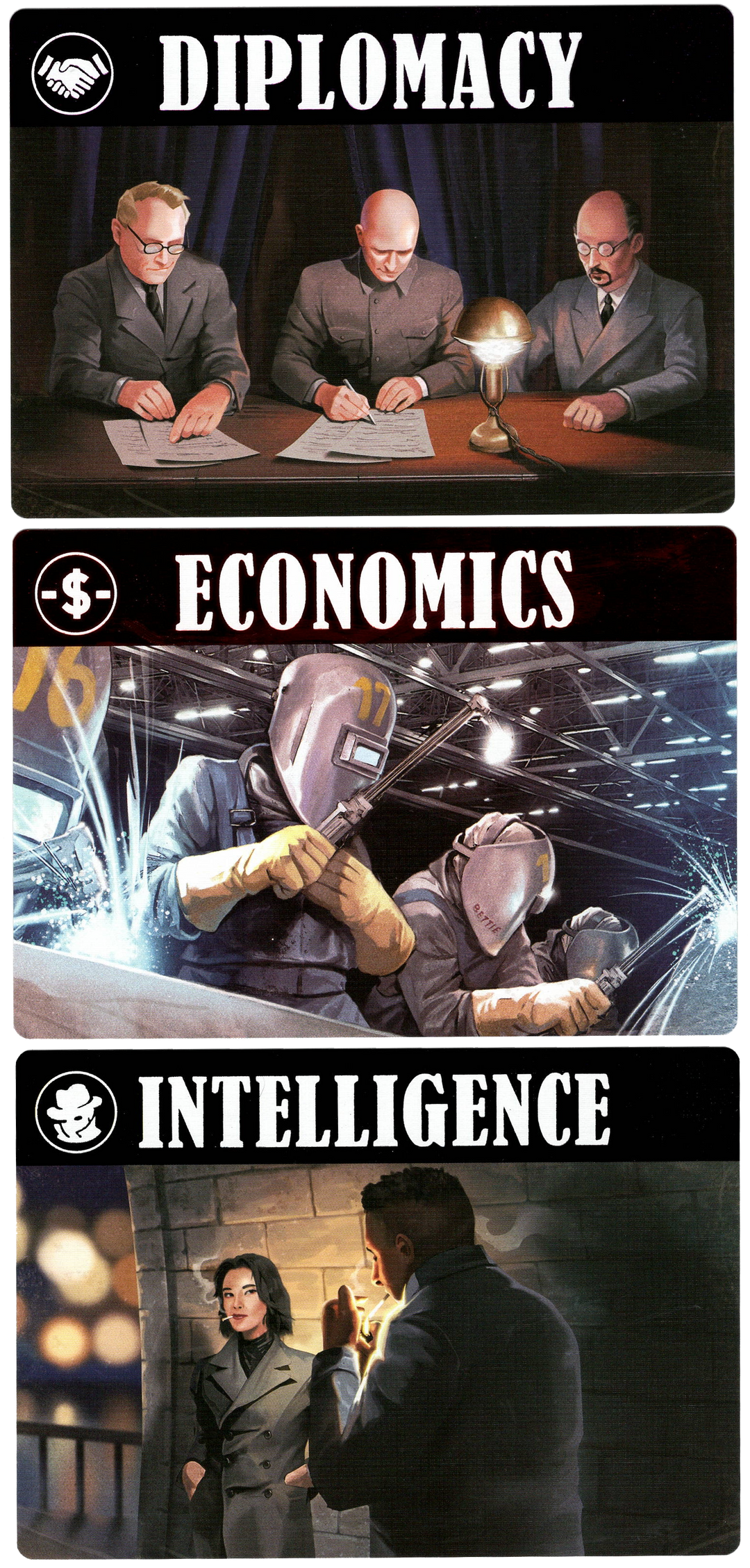 A set of three cards for use with the board game Air Land and Sea: Spies Lies and Supplies. Each card has a large text banner at the top and an illustration below it. The first card reads "Diplomacy" at the top and and shows three men writing at a table below. The second card reads "Economics" at the top and shows two people with helmets and blow torches below. The third card reads "Intelligence" at the top and shows a man and a woman talking outside by a brick wall.