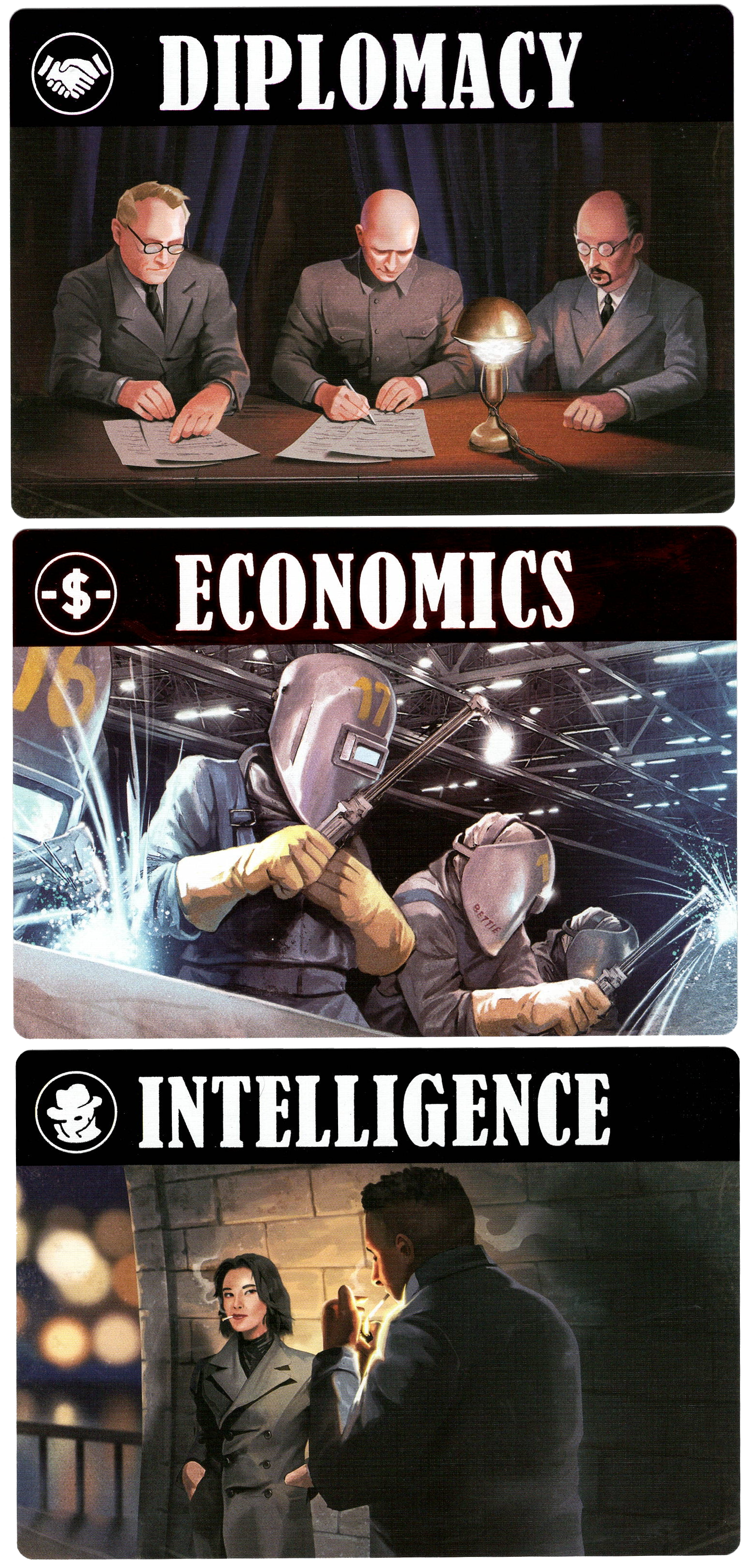 A set of three cards for use with the board game Air Land and Sea: Spies Lies and Supplies. Each card has a large text banner at the top and an illustration below it. The first card reads "Diplomacy" at the top and and shows three men writing at a table below. The second card reads "Economics" at the top and shows two people with helmets and blow torches below. The third card reads "Intelligence" at the top and shows a man and a woman talking outside by a brick wall.