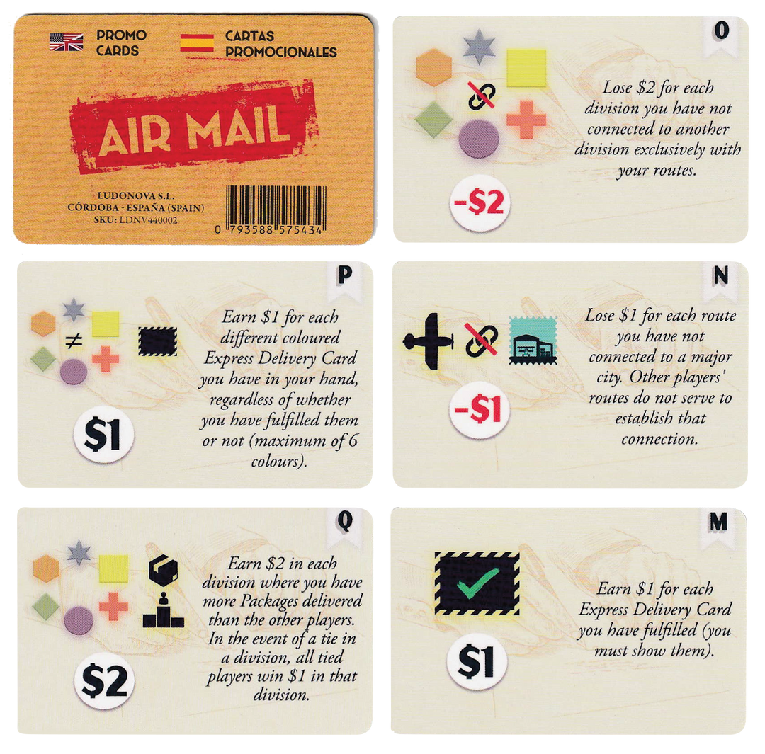 A set of six promo cards for use with the board game Airmail. One card displays the name of the game and the title of the promo. The other five cards display a collection of symbols on the left side and a description of the card's affect in the game on the right.