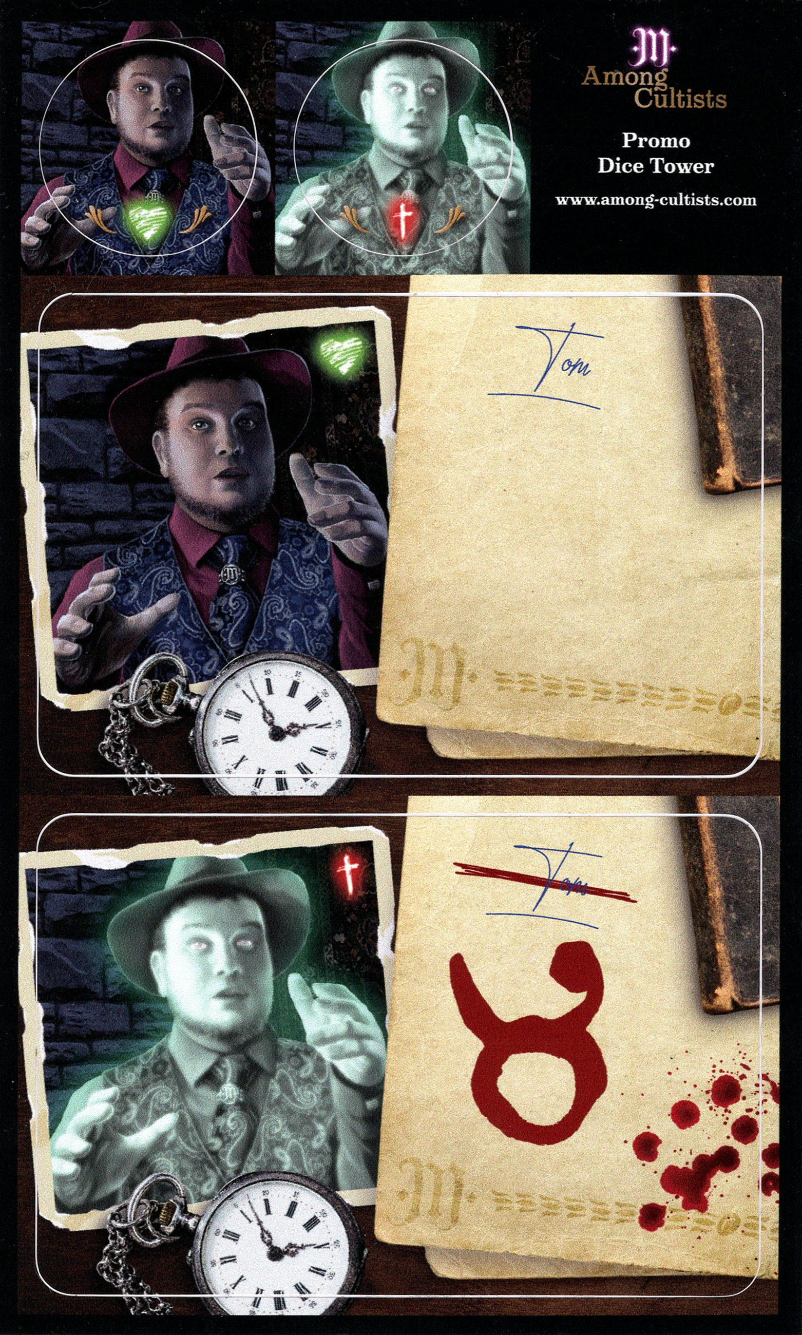 A photo of a sticker sheet for use with the board game Among Cultists. This sheet displays multiple images of the same man label "Tom", wearing a vest, tie, and fedora. In half of the images, Tom is depicted normally and half he is displayed as a ghost.