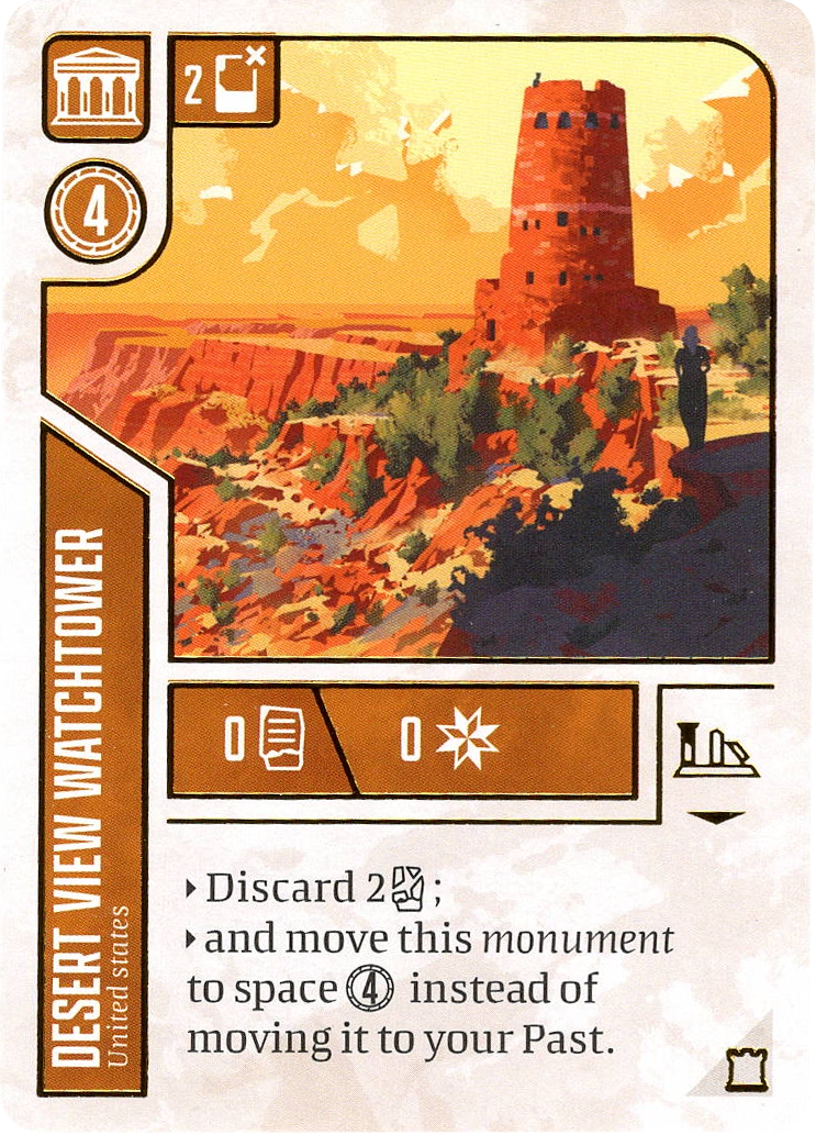 A photo of the promo card Desert View Watchtower for use with the board game Ancient Knowledge. The card features symbols in the top left corner, an illustration of a circular tower on the edge of a desert clifftop, the card's title on the bottom left corner, and text describing the card's abilities in the game at the bottom right corner.