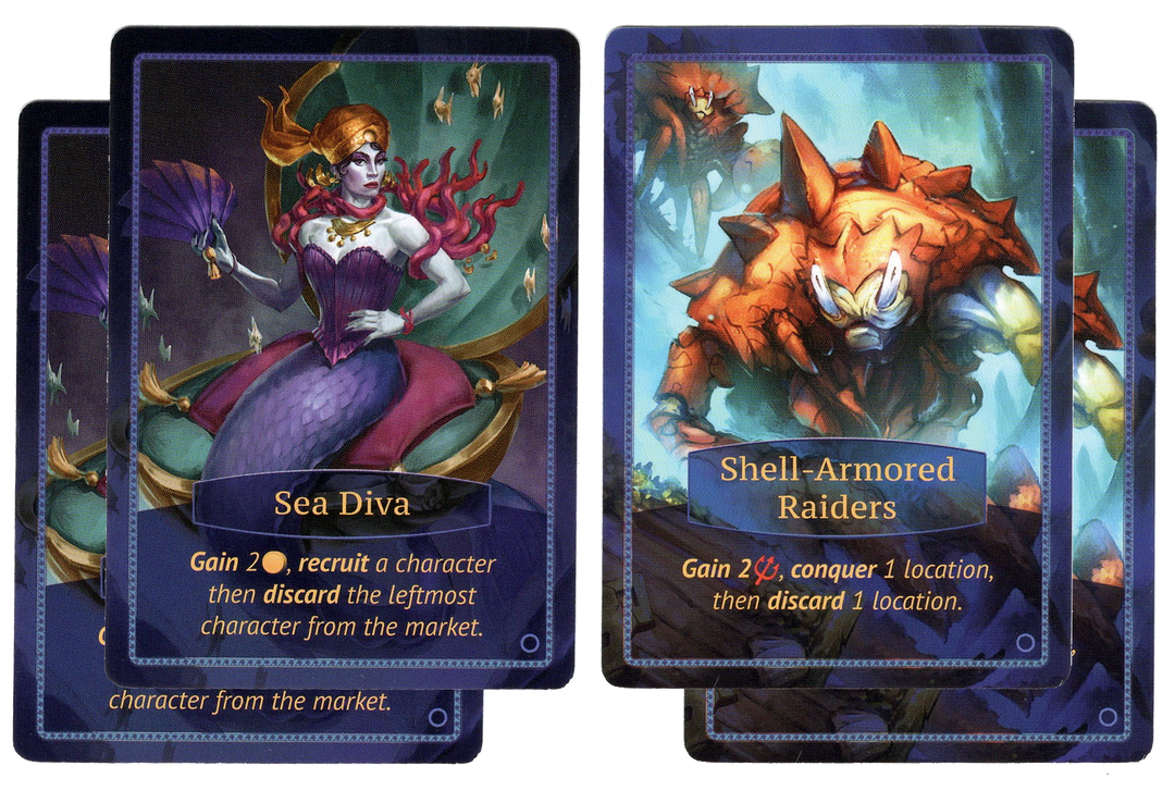 A set of four cards, two sets of two identical cards, for use with the board game Aquatica. One set has an illustration of a mermaid with red hair and a purple tail, is labeled "Sea Diva" and displays text at the bottom of the card. The second set has an illustration of a creature wearing crab-like orange armor, is labeled "Shell-Armored Raiders" and displays text at the bottom of the card.