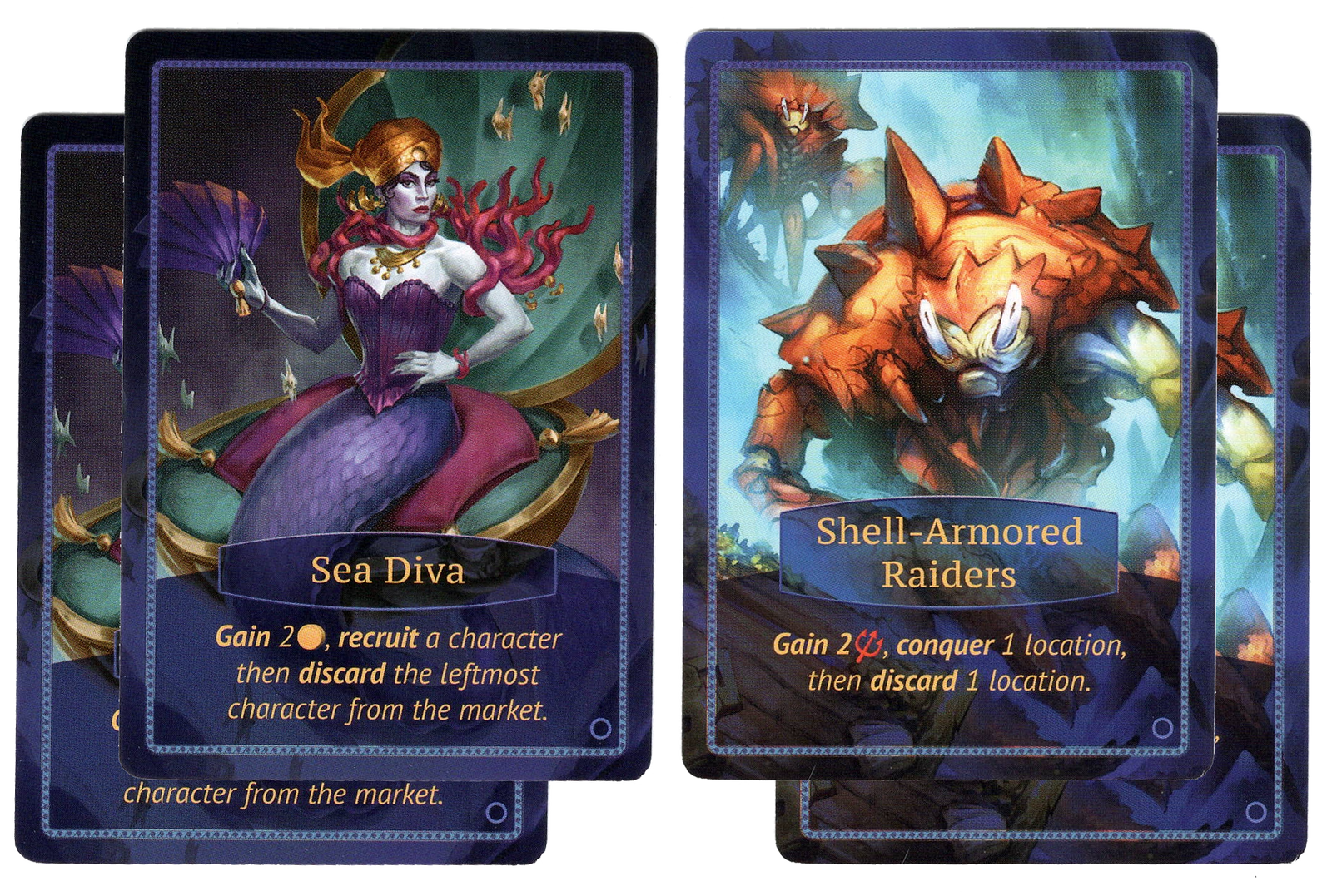 A set of four cards, two sets of two identical cards, for use with the board game Aquatica. One set has an illustration of a mermaid with red hair and a purple tail, is labeled "Sea Diva" and displays text at the bottom of the card. The second set has an illustration of a creature wearing crab-like orange armor, is labeled "Shell-Armored Raiders" and displays text at the bottom of the card.