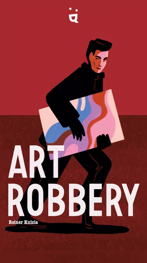 The box cover to the board game Art Robbery. The cover displays the name of the game in white, against a red background, and a figure in black holding a piece of art with swirly colors.