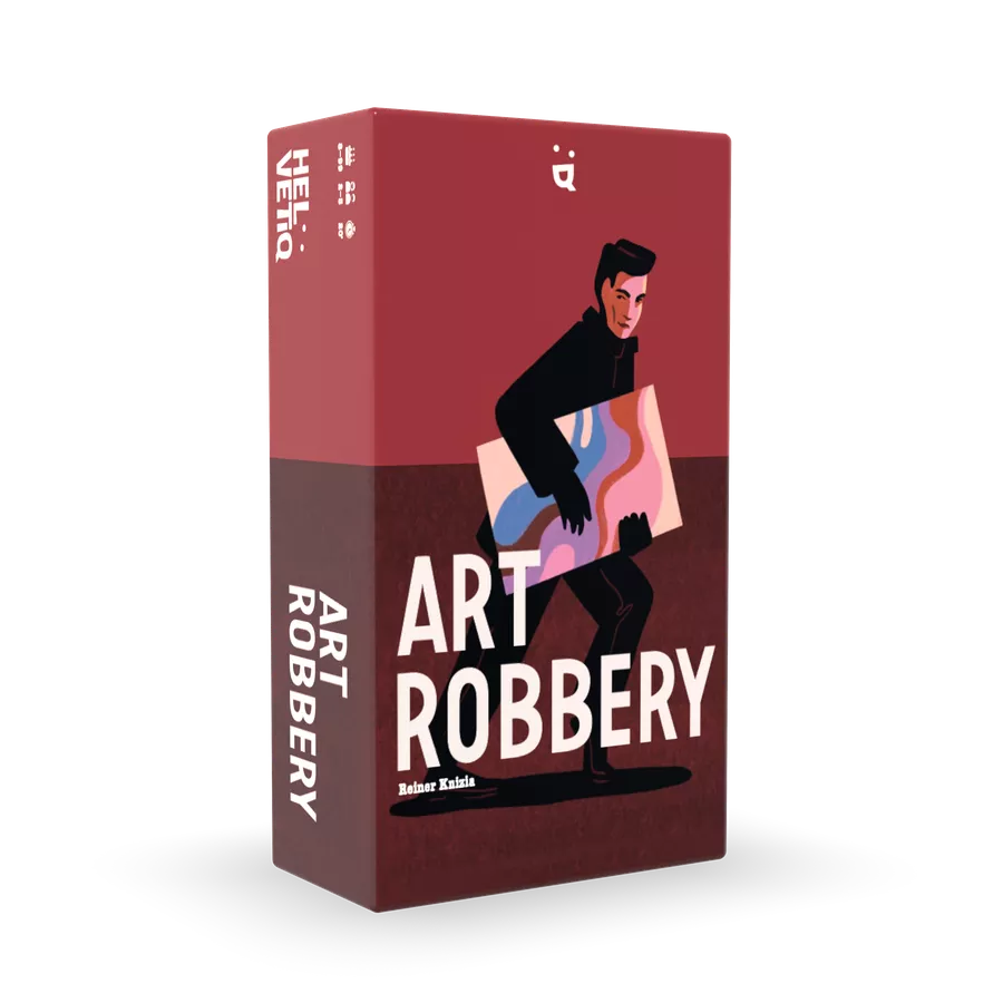 An angled 3D view of the box cover of the board game Art Robbery. The cover displays the name of the game in white, against a red background, and a figure in black holding a piece of art with swirly colors.