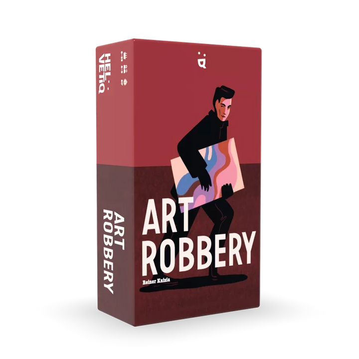 An angled 3D view of the box cover of the board game Art Robbery. The cover displays the name of the game in white, against a red background, and a figure in black holding a piece of art with swirly colors.