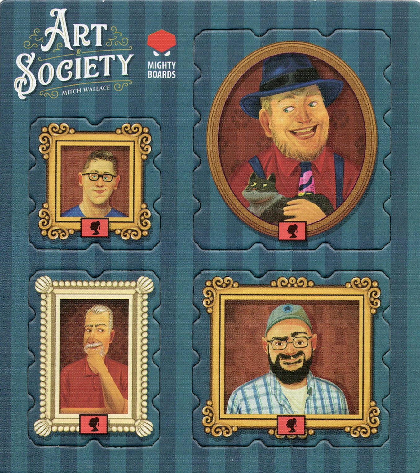 A photo of a cardboard punchboard promo for use with the board game Art Society. The punchboard displays four picture frames, each with an illustration of a Caucasian man inside. The title of the game and the game's publisher are printed in the top left corner. 