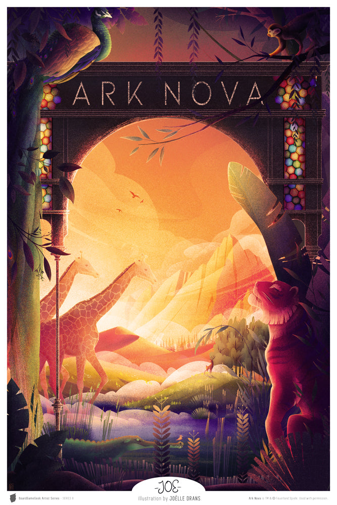 Alternative artwork for the board game Ark Nova, as part of BoardGameGeek's Artist Series, featuring and arch with the game's name over a variety of wild animals highlighted against a sunset sky,