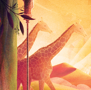 A closeup from the Artist Series image of the board game Ark Nova, featuring two giraffes against a sunset sky.