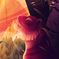 A closeup from the Artist Series image of the board game Ark Nova, featuring a tiger mostly in shadow raising its face to a sunset sky.