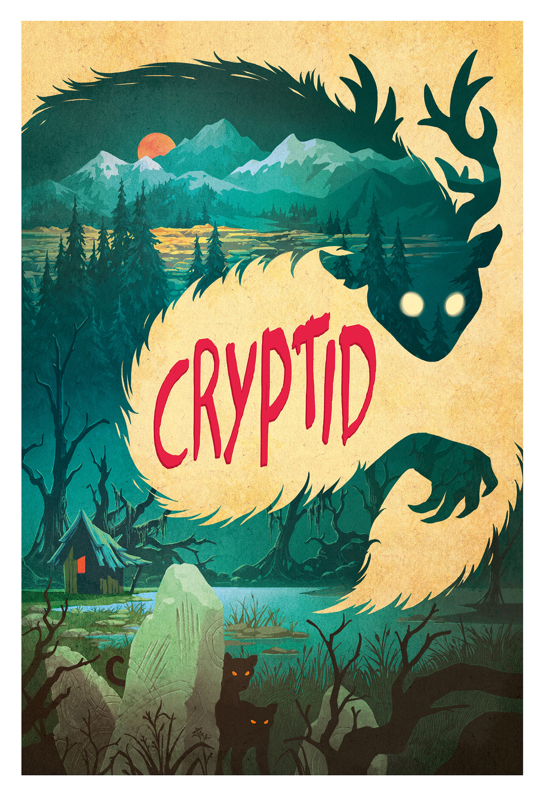 Alternative artwork for the board game Cryptid, as part of BoardGameGeek's Artist Series, featuring the silhouette of an antlered creature. Within this silhouette is an illustration of a wooden shack, gloomy swamp, and cats with glowing eyes.