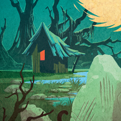 A closeup from the Artist Series image of the board game Cryptid, featuring an illustration of a wooden shack surrounded by dead trees and boulders.