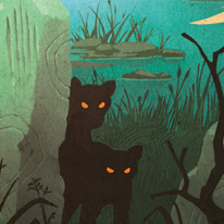 A closeup from the Artist Series image of the board game Cryptid, featuring the silhouette of two large black cats with glowing eyes in front of a swamp background.