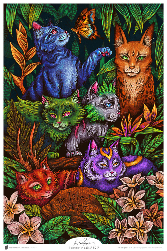 Alternative artwork for the board game Isle of Cats, as part of BoardGameGeek's Artist Series, featuring six brightly colored casts sitting among lush, tropical plants.