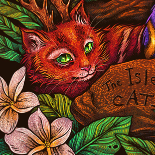 A closeup from the Artist Series image of the board game Isle of Cats, featuring a bright red cat sitting amongst leaves and flowers and a rock with the game name carved on it.
