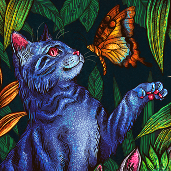 A closeup from the Artist Series image of the board game Isle of Cats, featuring an illustration of a bright blue cat gently batting at a yellow butterfly, in front of tropical flowers and leaves.
