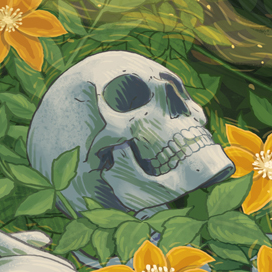 A closeup from the Artist Series image of the board game Too Many Bones, featuring a illustration of a human skull lying amongst vines and yellow flowers.