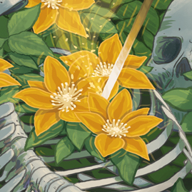 A closeup from the Artist Series image of the board game Too Many Bones, featuring an illustration of three yellow flowers lying on top of a human ribcage.