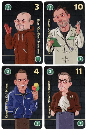 A set of four card for use with the board game Bad Company, featuring illustrations of four cartoon men in the center of each card with symbols and text around the edges.