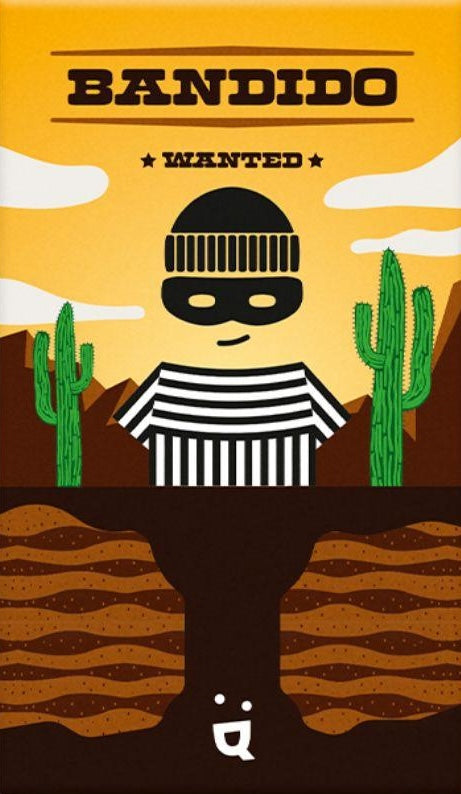 The box cover of the card game Bandido, featuring a stylized thief in striped black and white against a cartoon desert background.