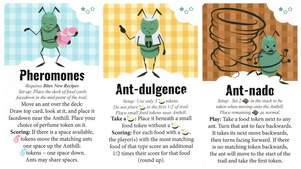 A set of the three cards for use with the board game Bites. Each card has an illustration of an ant on a gingham background, the card's title in the center, and text describing the card's ability in the game at the bottom.