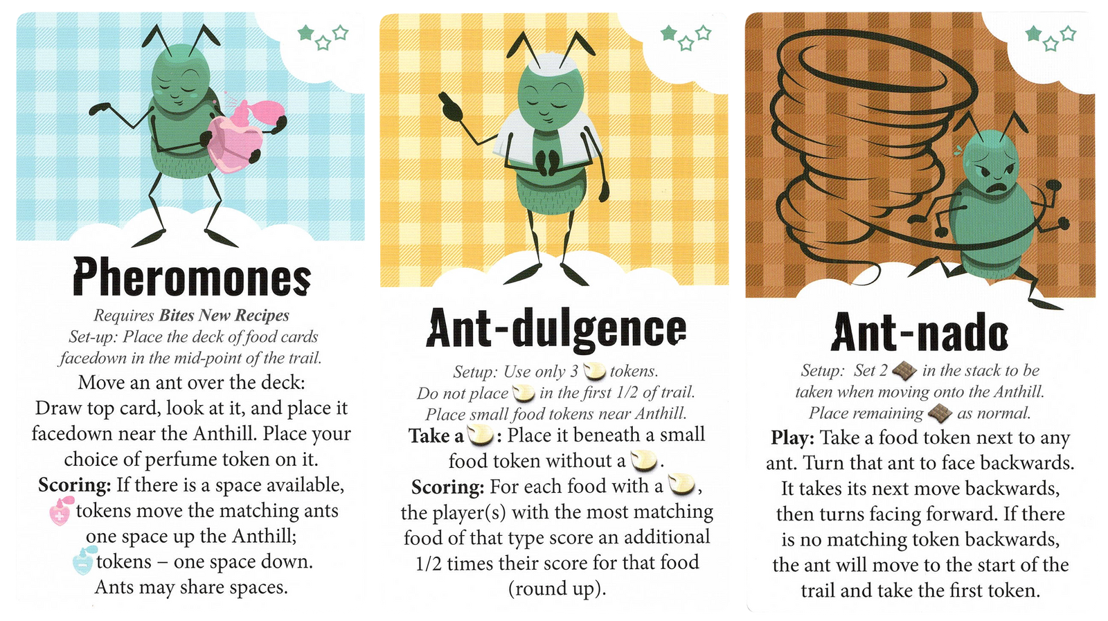 A set of the three cards for use with the board game Bites. Each card has an illustration of an ant on a gingham background, the card's title in the center, and text describing the card's ability in the game at the bottom.