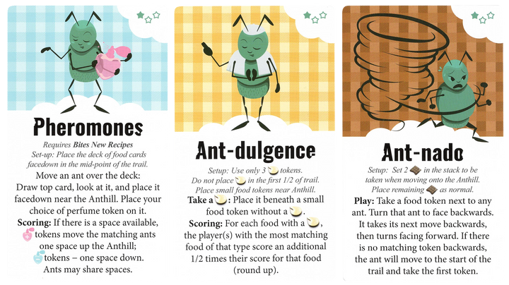 A set of the three cards for use with the board game Bites. Each card has an illustration of an ant on a gingham background, the card's title in the center, and text describing the card's ability in the game at the bottom.