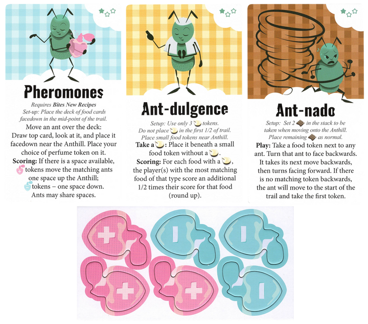 A set of three cards and a cardboard punchboard for use with the board game Bites. Each card has an illustration of an ant on a gingham background, the card's title in the center, and text describing the card's ability in the game at the bottom. The punchboard features six identical heart-shaped perfume containers. Three are pink with a plus sign in the middle, and three are light blue with a negative sign in the middle.