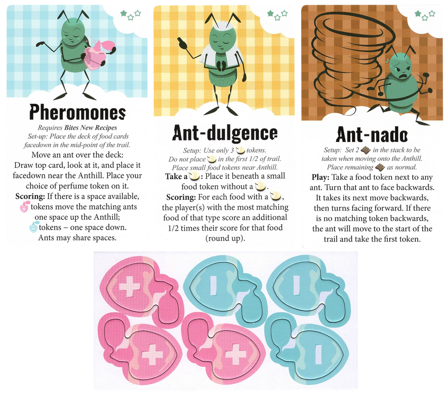 A set of three cards and a cardboard punchboard for use with the board game Bites. Each card has an illustration of an ant on a gingham background, the card's title in the center, and text describing the card's ability in the game at the bottom. The punchboard features six identical heart-shaped perfume containers. Three are pink with a plus sign in the middle, and three are light blue with a negative sign in the middle.