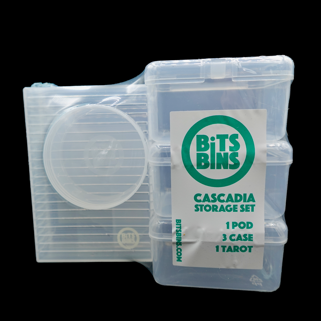 Clear plastic storage set by Bits Bins on a black background.