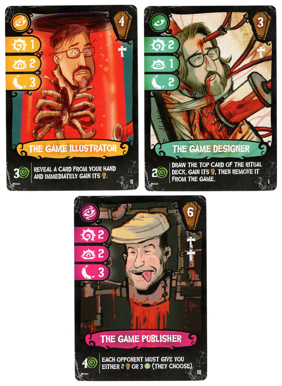 A set of three cards for use with the board game Blood Orders. Each card featuring a cartoon face in the center, the name of the card below the image, symbols along both sides, and text that describes the card's ability in the game at the bottom.