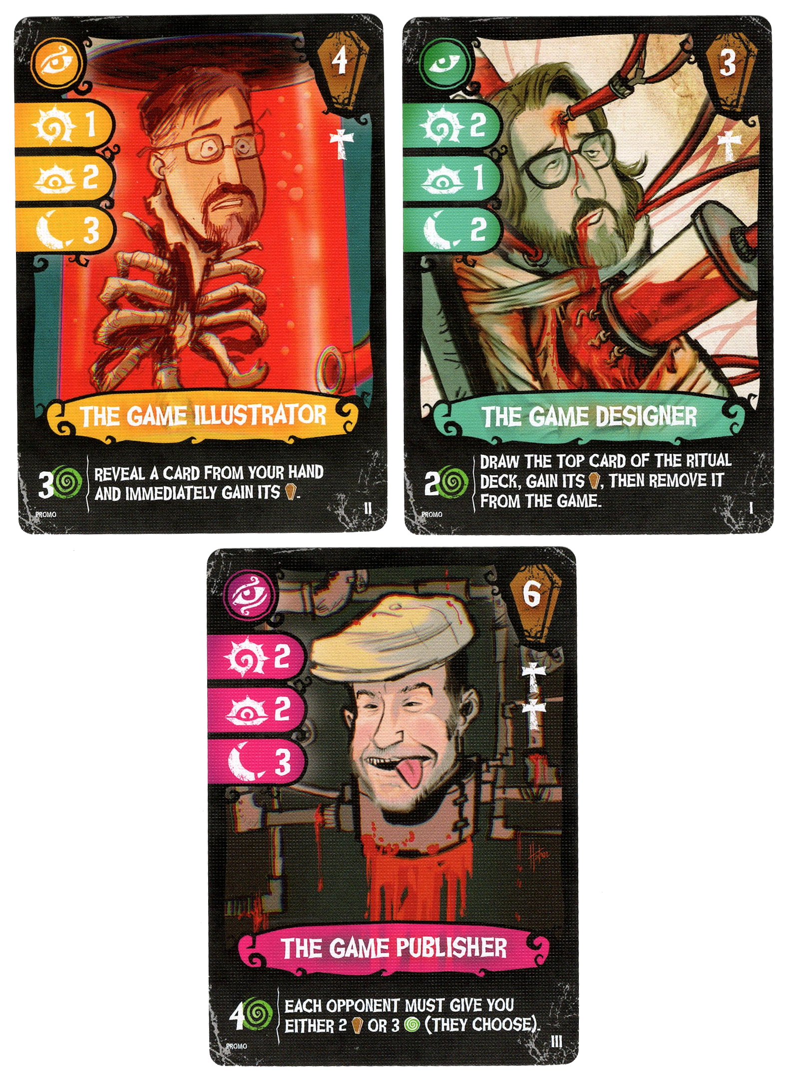 A set of three cards for use with the board game Blood Orders. Each card featuring a cartoon face in the center, the name of the card below the image, symbols along both sides, and text that describes the card's ability in the game at the bottom.