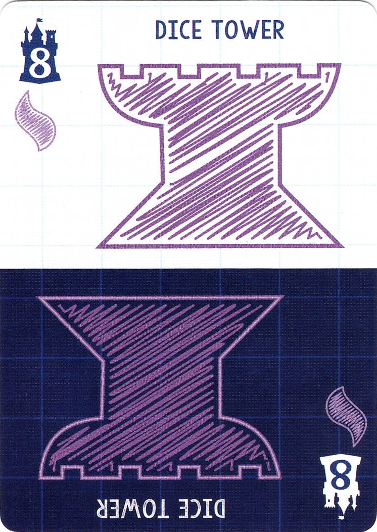 A single promo card called Dice Tower, for use in the board game Blueprints of Mad King Ludwig. The card displays the title at the top and a sketch of a tower behind it. The bottom half of the card is a mirror image replica of the top half.