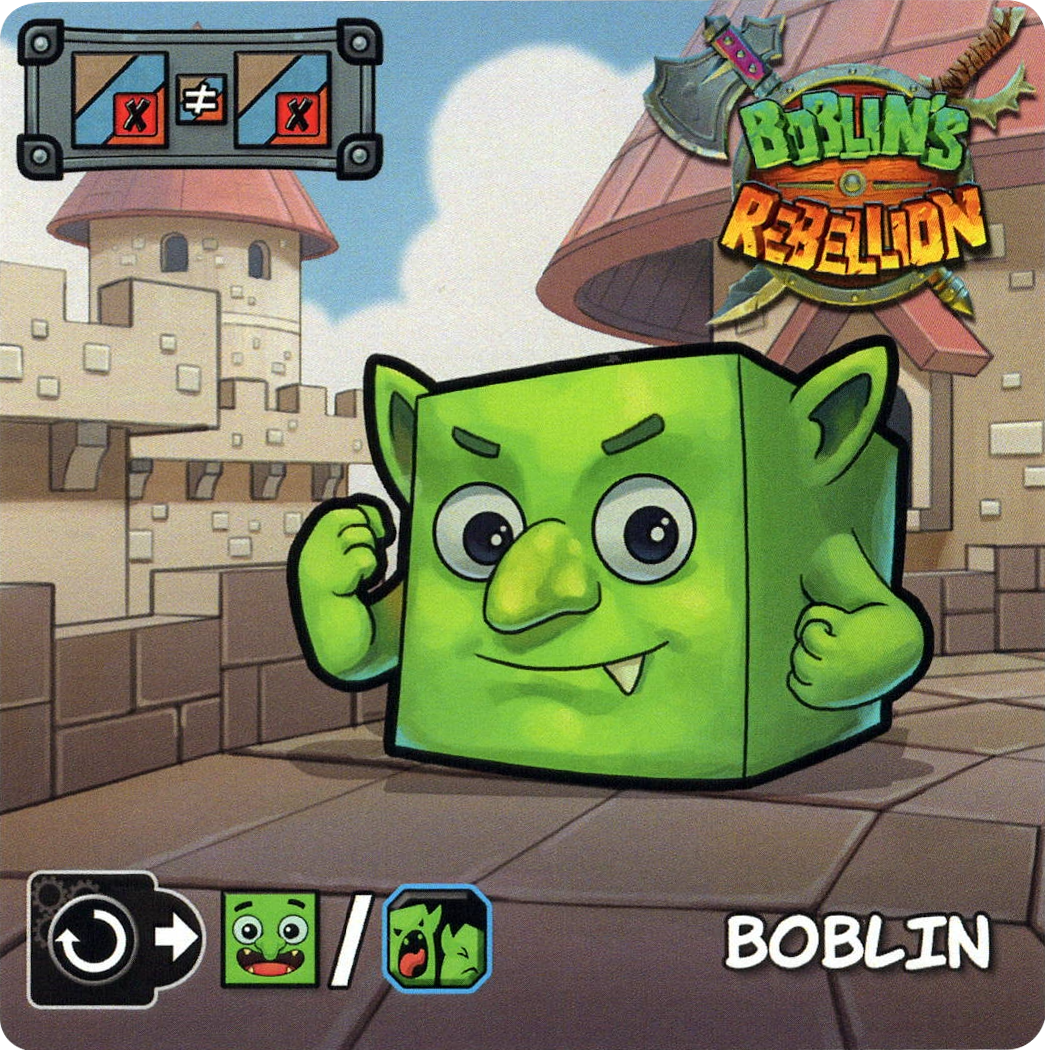 A single promo card for use with the board game Boblin's Rebellion. The card features an illustration of a green cube with a face, pointed ears, and fists, sitting on a castle wall. Symbols, the game's title, and the card's title are in each of the four corners of the card.