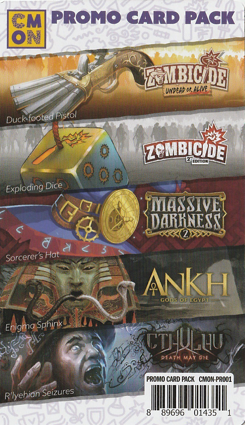 The cover image for the pack of five promos, produced by CMON, for the board games Zombicide, Zombicide: Undead or Alive, Massive Darkness 2, Ankh: Gods of Egypt, and Cthulhu: Death May Die.