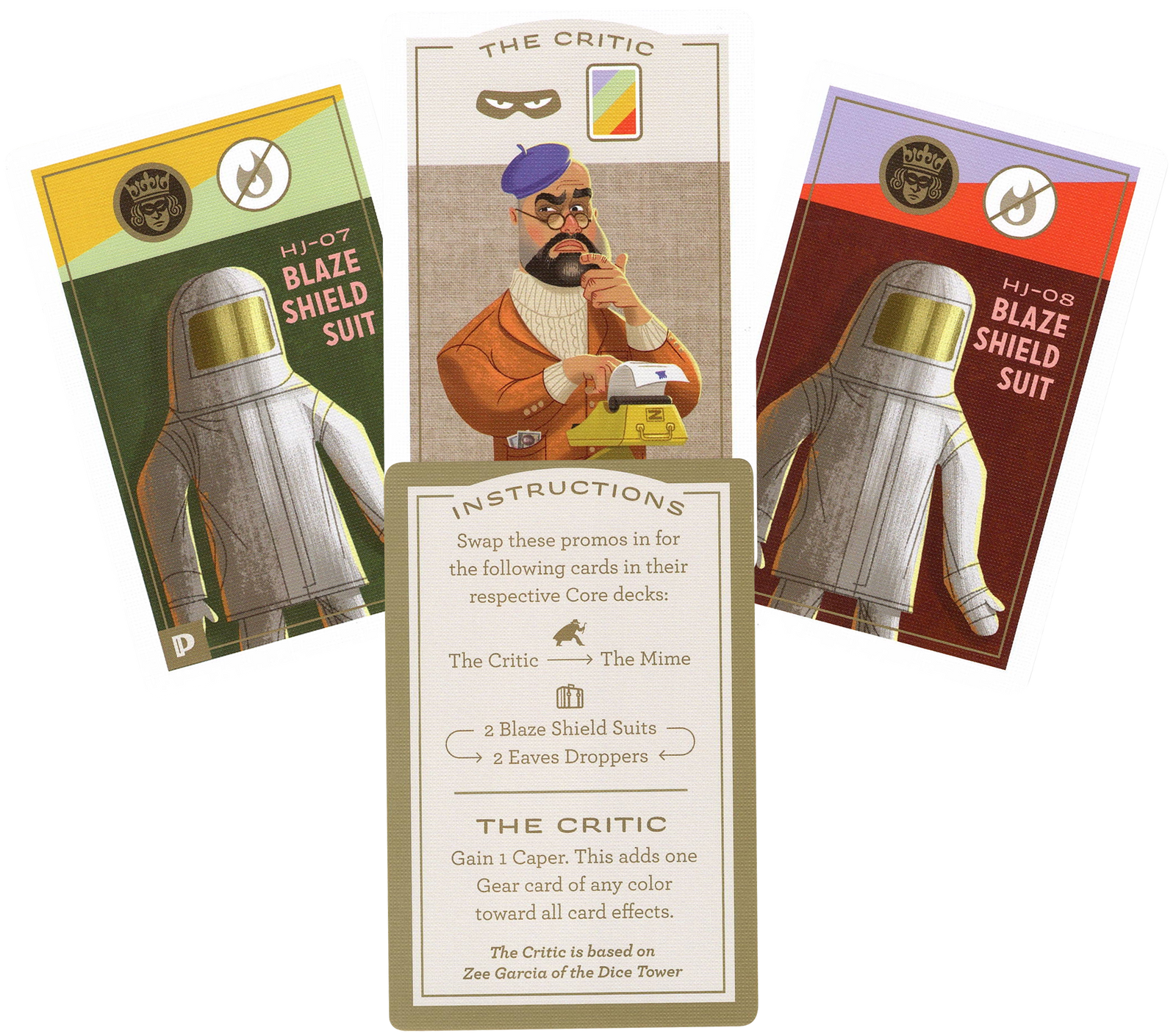 A set of four cards for use with the board game Caper: Europe, on a white background. The top three cards have symbols at the top, and a large illustration of people on the people. Two of the card have people in heavy fire suits with mirrored helmets, and one card has a white man with a goatee and beret using an manual adding machine. The fourth card contains the instruction text on how to use the other three cards in the game.