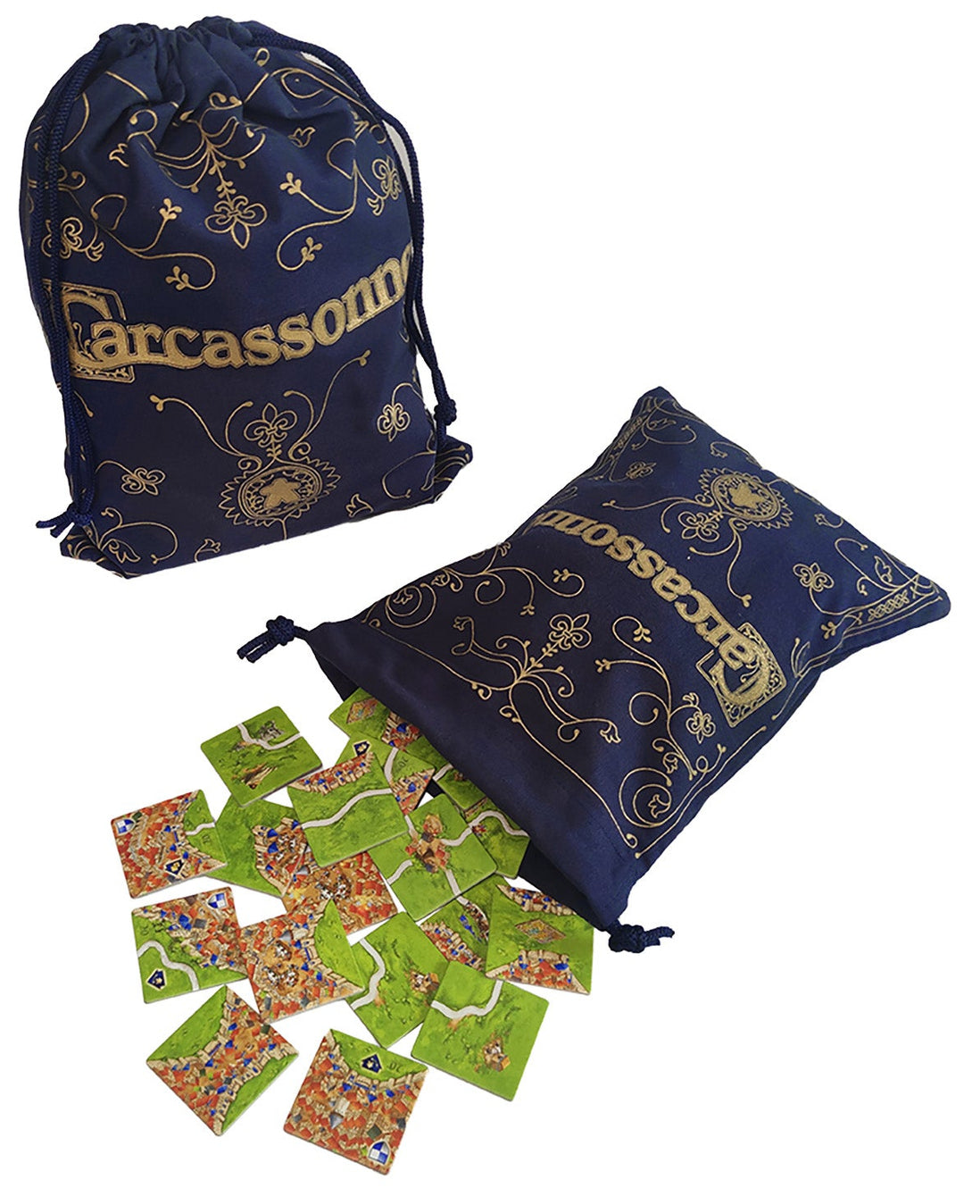 Garcassonne board game pieces with decorative bags on a white background