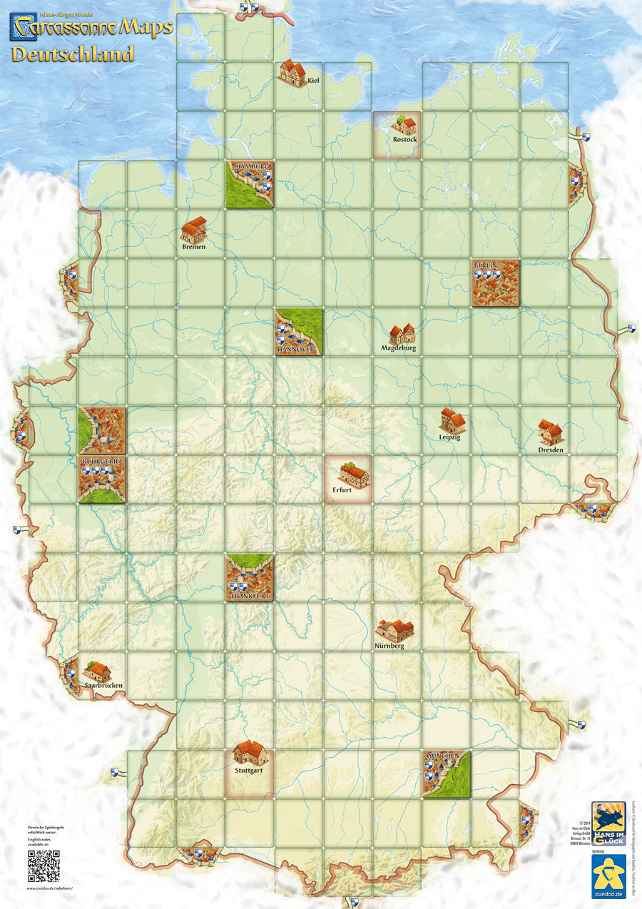 An image displaying the Carcassonne map of Germany: an geographically accurate map of Germany overlaid with a grid sized for Carcassonne tiles.