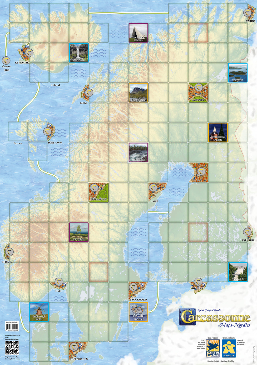 An image displaying the Carcassonne map of Scandinavia: an geographically accurate map of Sweden, Norway, and Finland overlaid with a grid sized for Carcassonne tiles.