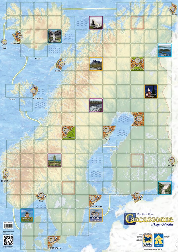 An image displaying the Carcassonne map of Scandinavia: an geographically accurate map of Sweden, Norway, and Finland overlaid with a grid sized for Carcassonne tiles.