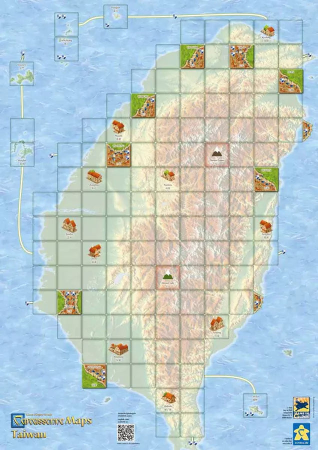 An image displaying the Carcassonne map of Taiwan: an geographically accurate map of Taiwan, overlaid with a grid sized for Carcassonne tiles.