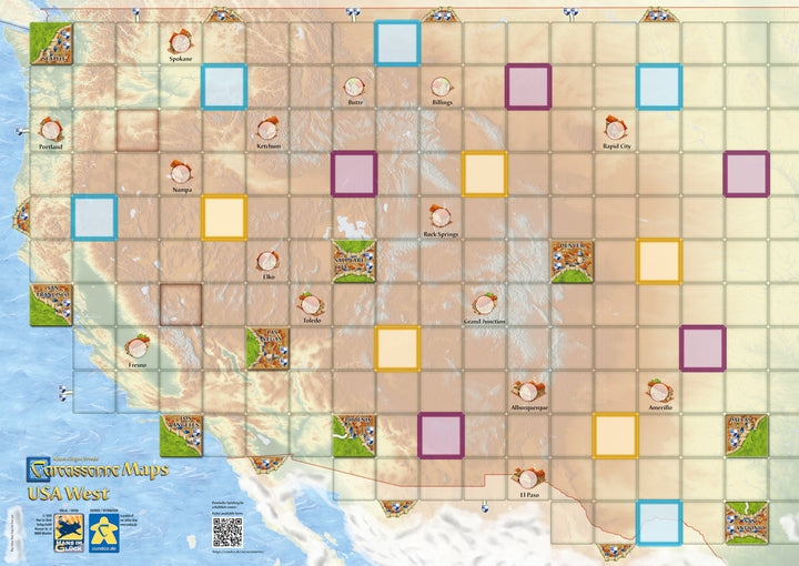 An image displaying the Carcassonne map of the Western US: an geographically accurate map of western half of the United States overlaid with a grid sized for Carcassonne tiles.