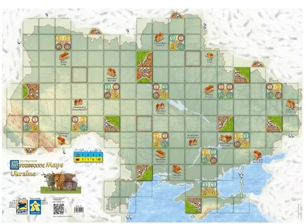 An image displaying the Carcassonne map of Ukraine: an geographically accurate map of Ukraine overlaid with a grid sized for Carcassonne tiles.