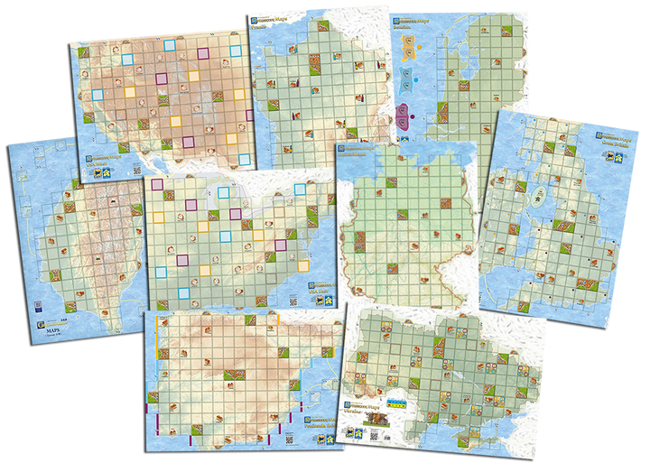 A composite image of nine Carcassonne maps: geographically accurate maps overlaid with a grid sized to Carcassonne tiles.