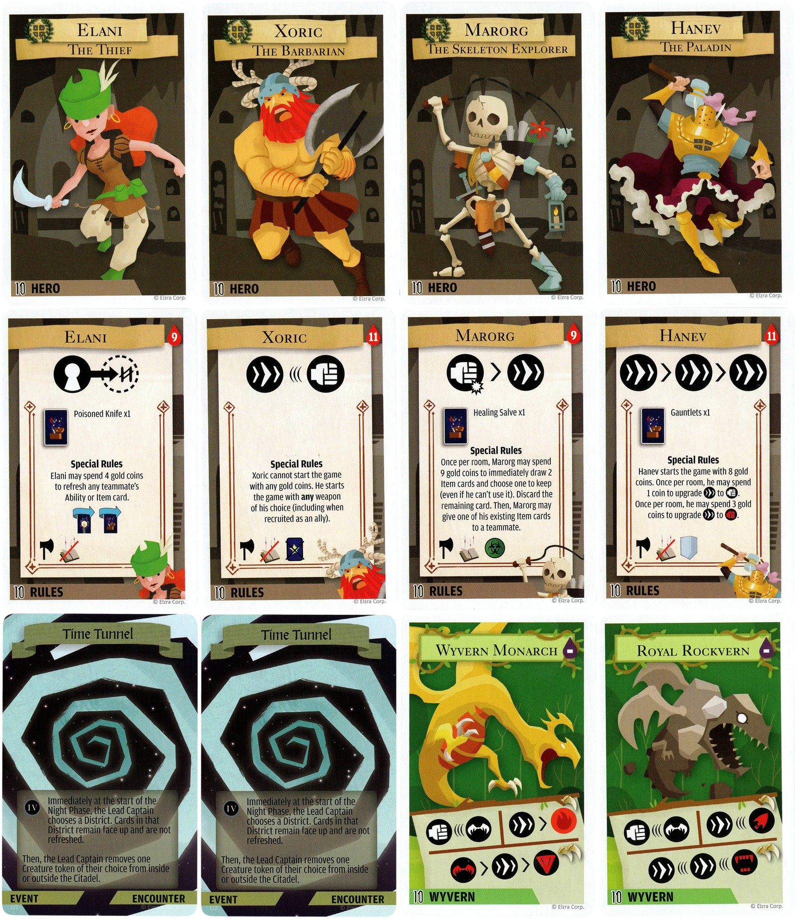12 promo cards that make up the 10th Anniversary Promo Pack for use with the board game Catacombs. Four of the card display cartoon illustrations of dungeon heroes. The middle four card have text and symbols describing the heroes' abilities in the game. On the bottom row are two identical card with a swirly void titled "Time Tunnel" and the final two show cartoon monsters on a green background.