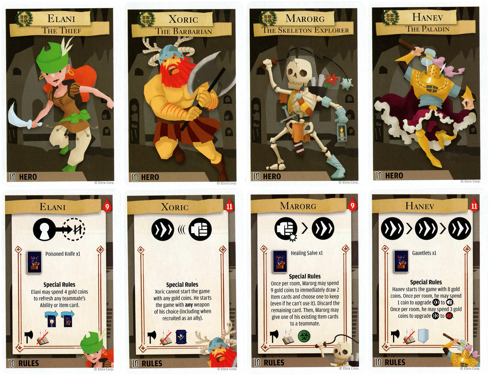 Eight (of twelve) cards from the 10th Anniversary Promo Pack for use with the board game Catacombs. The top four card so illustrations of fantasy heroes. The bottom four cards show the character's name and a combination of symbols and text describing the card's abilities.