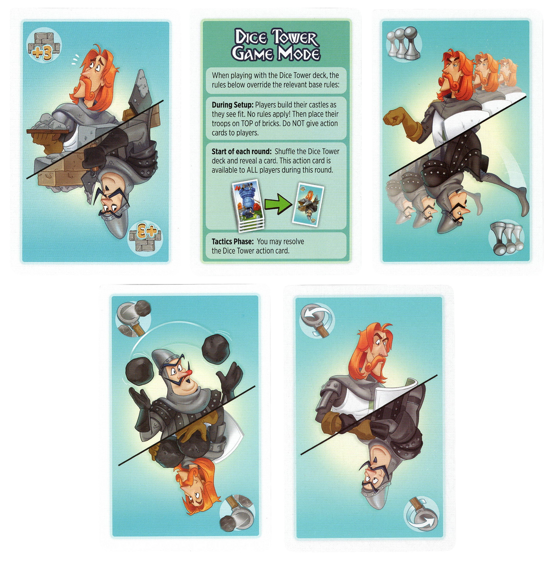 A set of five cards for use with the board game Catapult Feud. Four of the cards show a cartoon character on the top half, and a mirrored, opposing character on the bottom. The fifth and final card is the instructions on how to utilize these promo in the game.